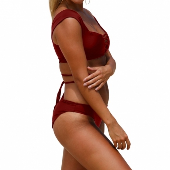 Burgundy Strappy Crisscross 2pcs Tankini Swimsuit - Picture 3 of 3